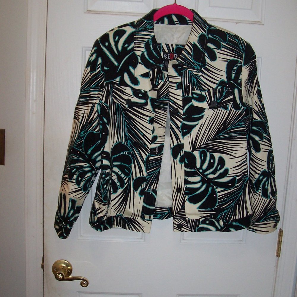 Tropical Leaf Print Blazer Jacket in Cream & Teal